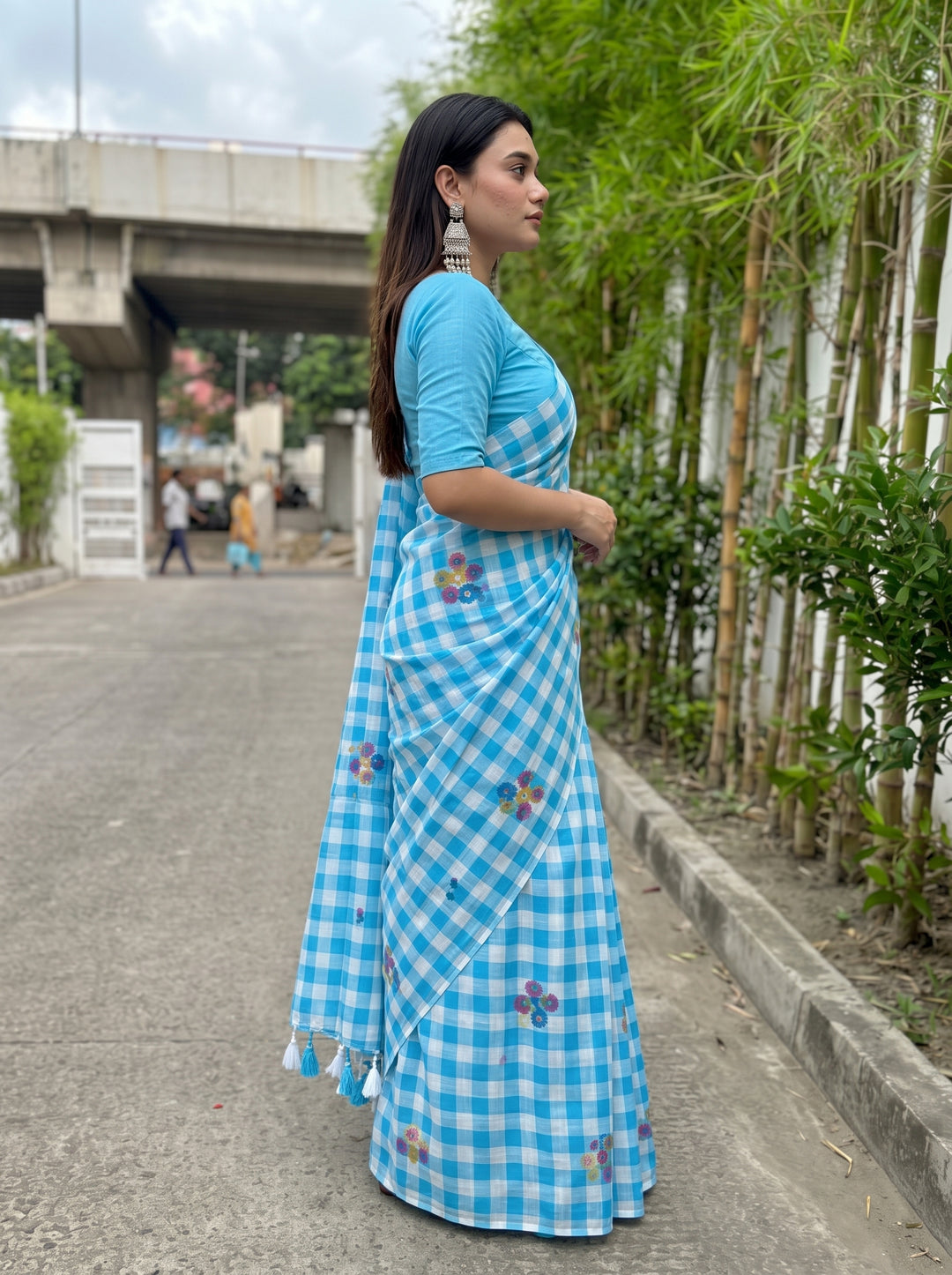 Sky Blue & White Checkered Mul Cotton Saree with Multicolour Floral Motifs, Tassels & Blouse Piece