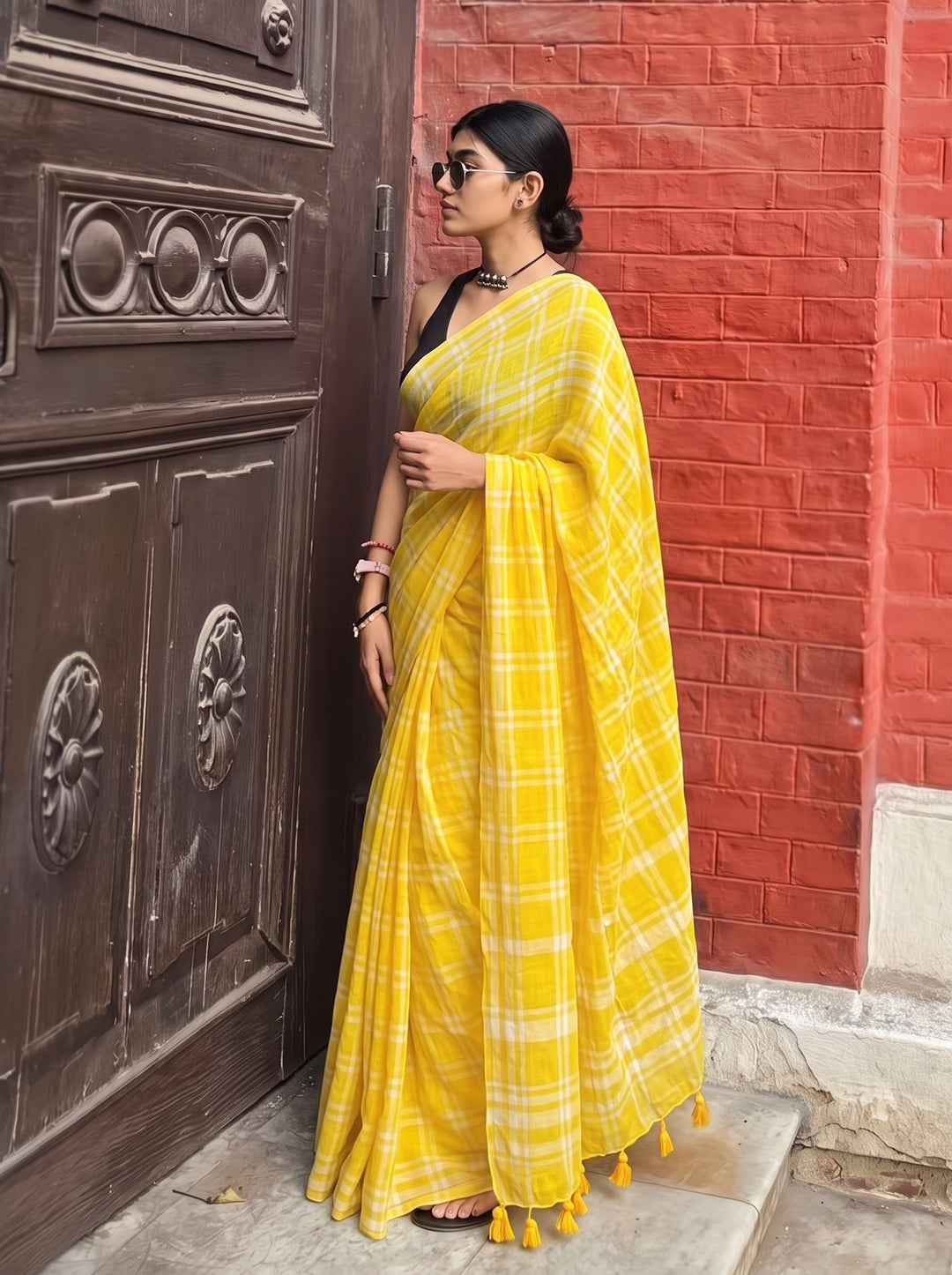 Sunshine Yellow & White Madras Checkered Mul Cotton Saree with Tassels & Attached Blouse Piece