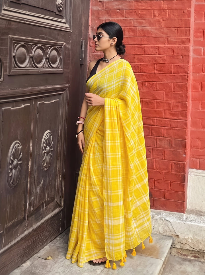 Sunshine Yellow & White Madras Checkered Mul Cotton Saree with Tassels & Attached Blouse Piece