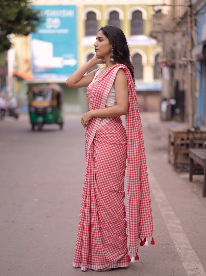 Red & White Checkered Mul Cotton Saree with Tassels & Blouse Piece