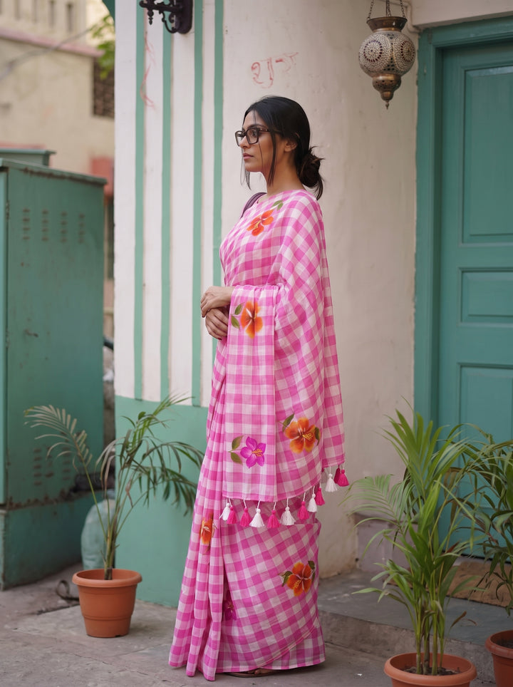 Blush Pink & White Checkered Mul Cotton Saree with Floral Motifs, Tassels & Blouse Piece