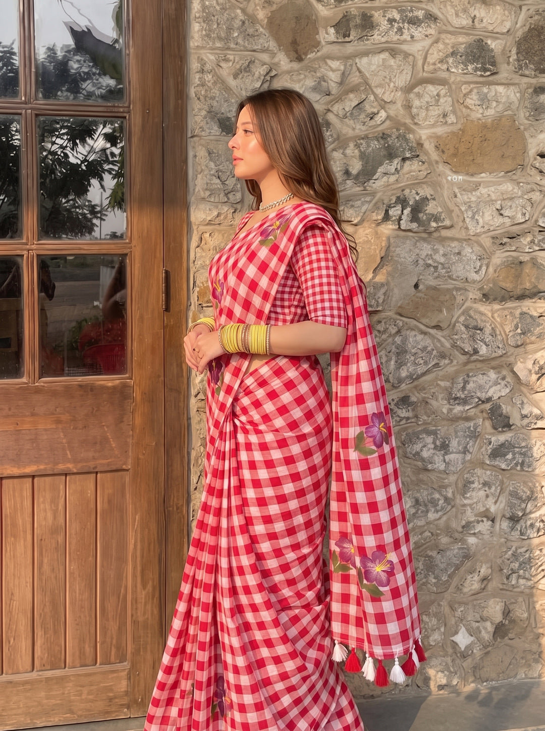 Red & White Checkered Mul Cotton Saree with Floral Motifs, Tassels & Blouse Piece