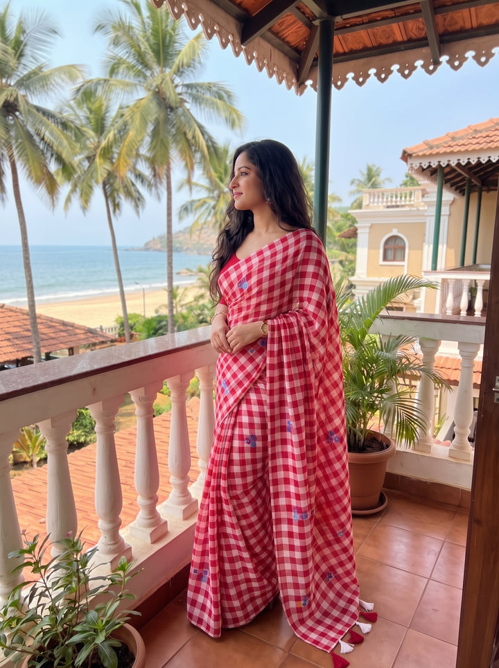 Red & White Checkered Mul Cotton Saree with Multicolour Floral Motifs, Tassels & Blouse Piece