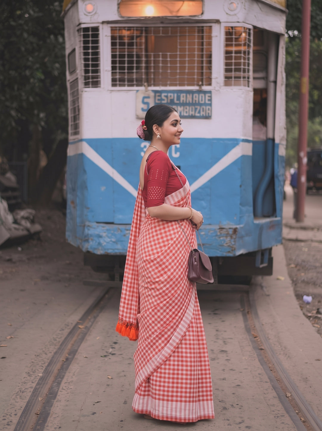 Orange & White Checkered Mul Cotton Saree with Striped Border & Blouse Piece