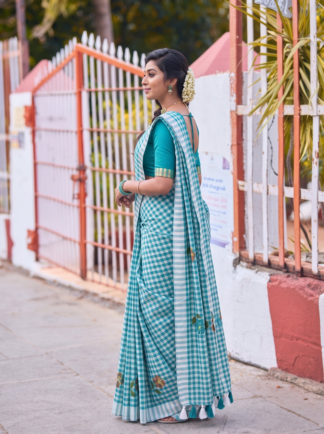 Aqua Blue & White Checkered Mul Cotton Saree with Floral Motifs, Tassels & Blouse Piece