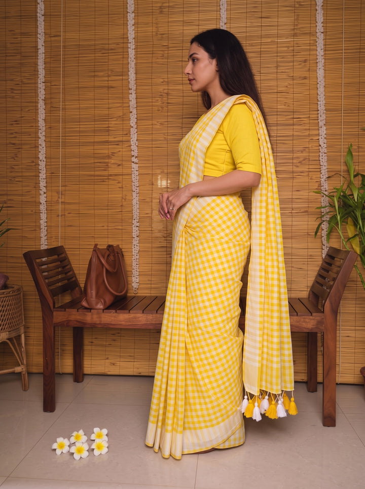 Sunshine Yellow & White Checkered Mul Cotton Saree with Tassels & Blouse Piece