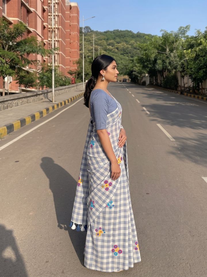 Grey & White Checkered Mul Cotton Saree with Multicolour Floral Motifs, Tassels & Blouse Piece