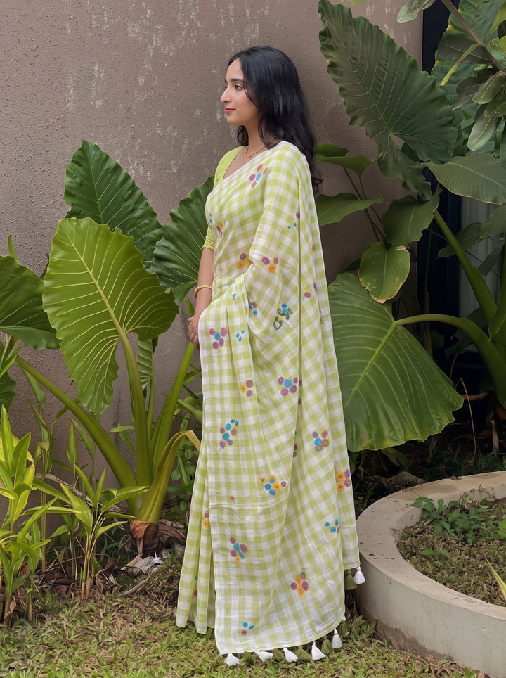 Pista Green & White Checkered Mul Cotton Saree with Multicolour Floral Motifs, Tassels & Blouse Piece