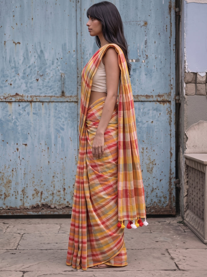 Multicolour Checkered Mul Cotton Saree with Colourful Tasselled Pallu, Comes With Attached Blouse Piece
