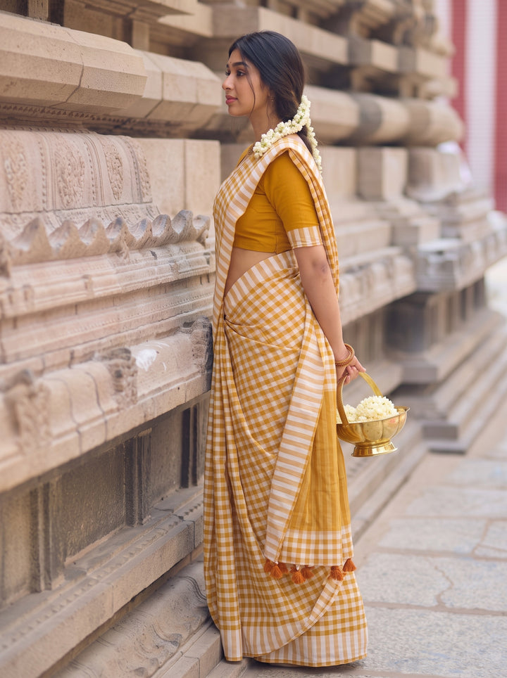 Mustard Yellow & White Checkered Mul Cotton Saree with Striped Border, Tassels & Blouse Piece