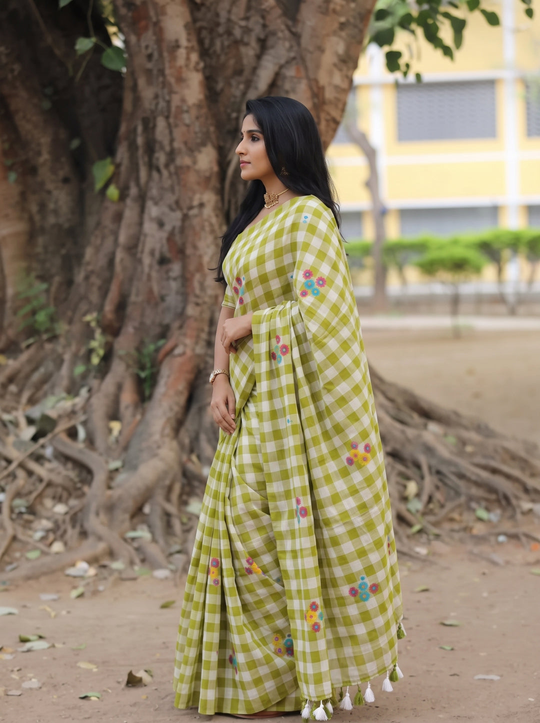 Lime Green & White Checkered Mul Cotton Saree with Multicolour Floral Motifs, Tassels & Blouse Piece