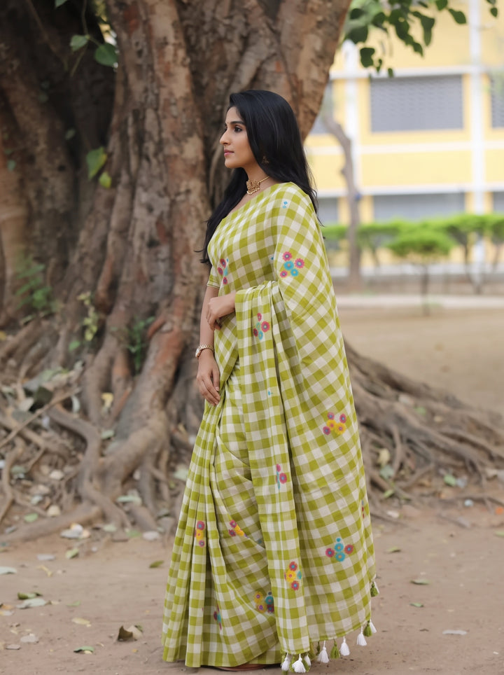 Lime Green & White Checkered Mul Cotton Saree with Multicolour Floral Motifs, Tassels & Blouse Piece
