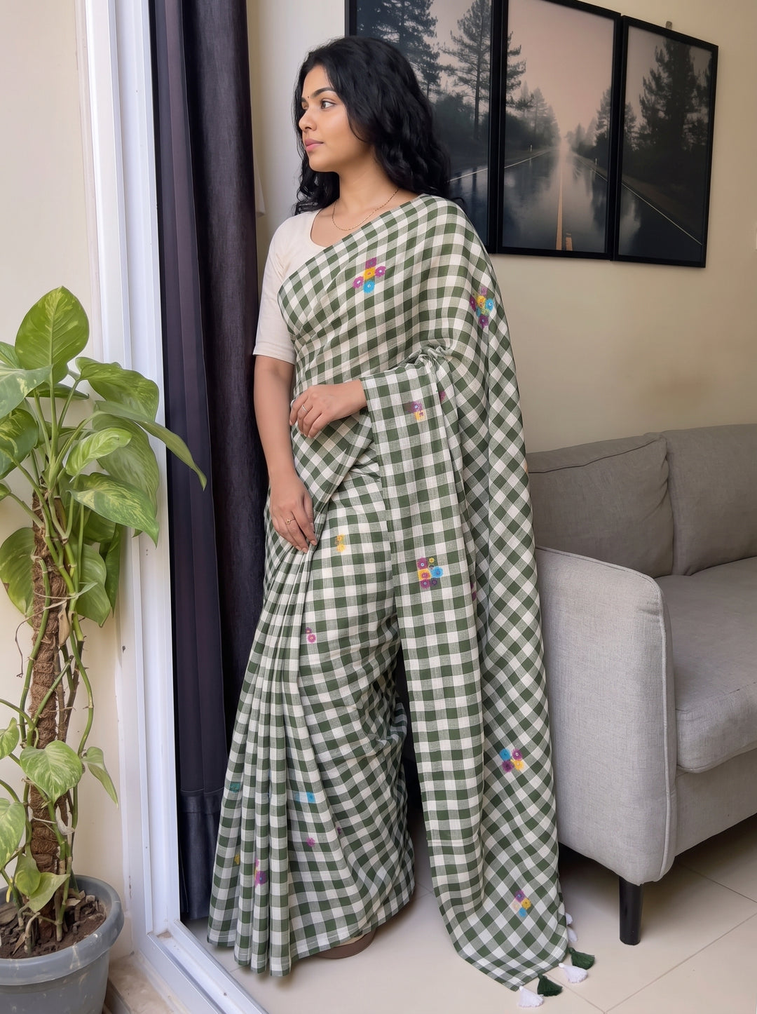Olive Green & White Checkered Mul Cotton Saree with Multicolour Floral Motifs, Tassels & Blouse Piece