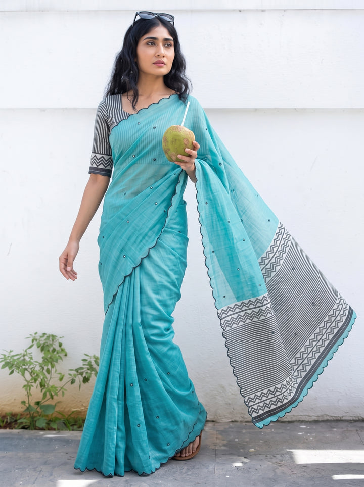 Aqua Blue Mul Cotton Saree with Aari Foil Mirror Work, Embroidered Arco Border & Contrast Printed Pallu with Blouse Piece
