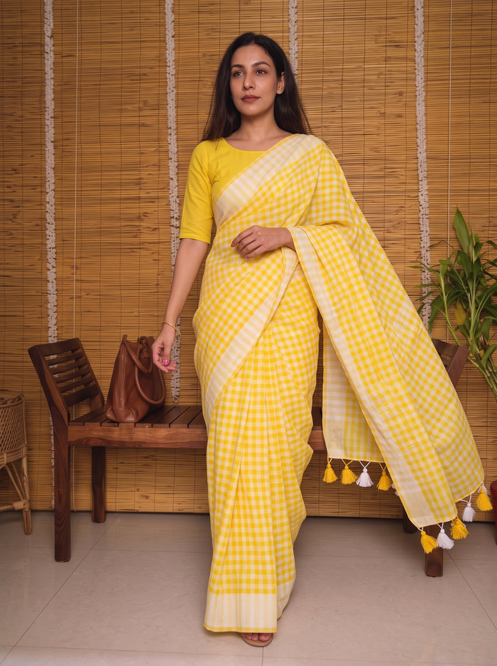 Sunshine Yellow & White Checkered Mul Cotton Saree with Tassels & Blouse Piece