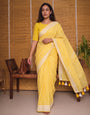 Sunshine Yellow & White Checkered Mul Cotton Saree with Tassels & Blouse Piece