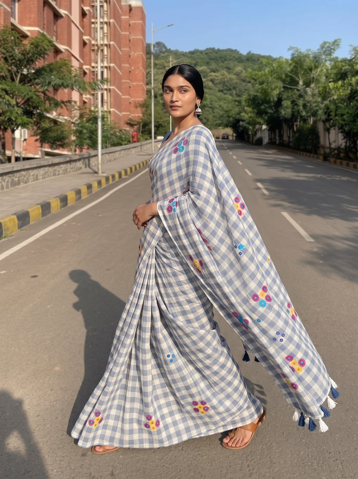 Grey & White Checkered Mul Cotton Saree with Multicolour Floral Motifs, Tassels & Blouse Piece