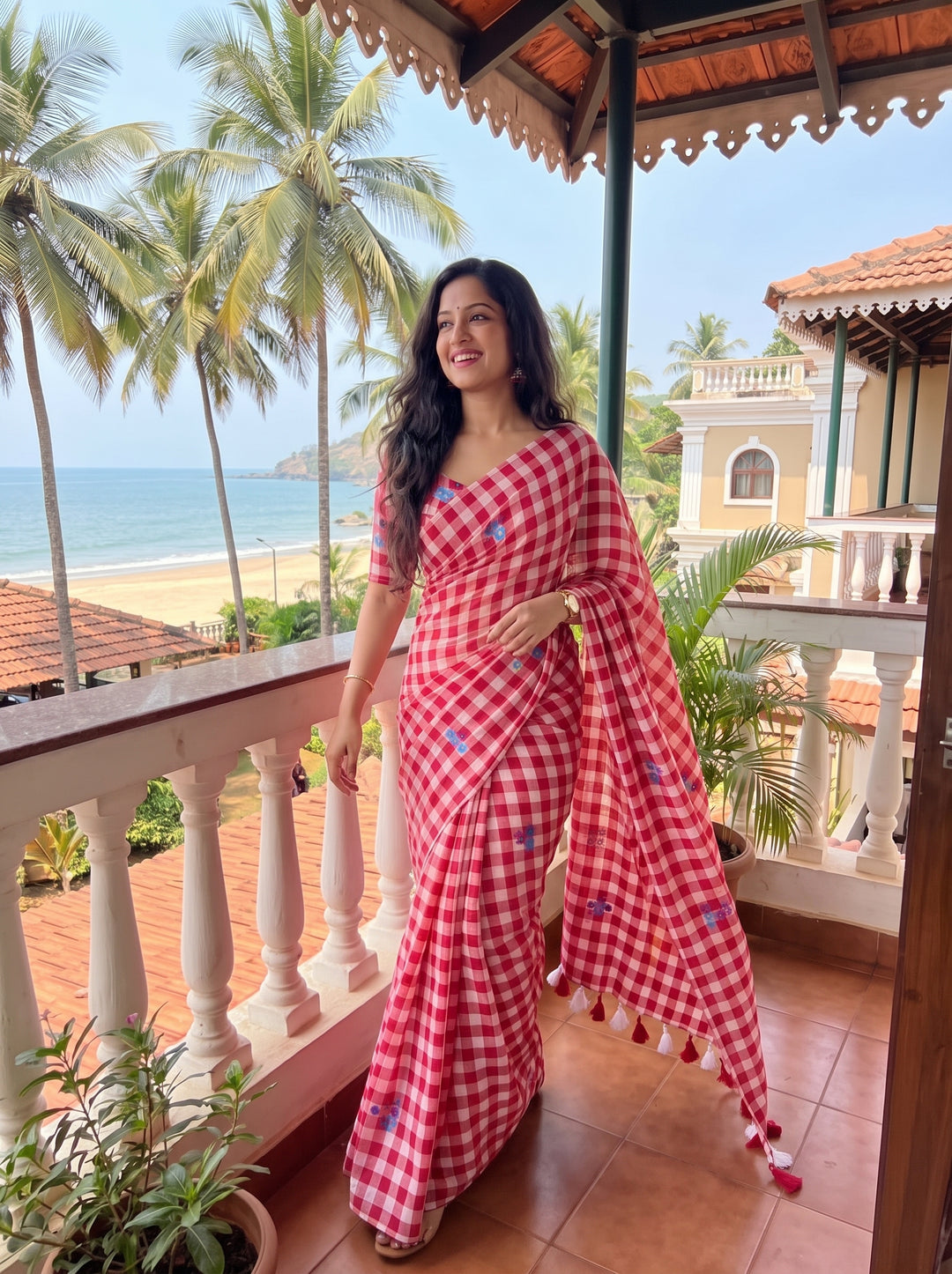 Red & White Checkered Mul Cotton Saree with Multicolour Floral Motifs, Tassels & Blouse Piece