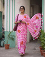 Blush Pink & White Checkered Mul Cotton Saree with Floral Motifs, Tassels & Blouse Piece