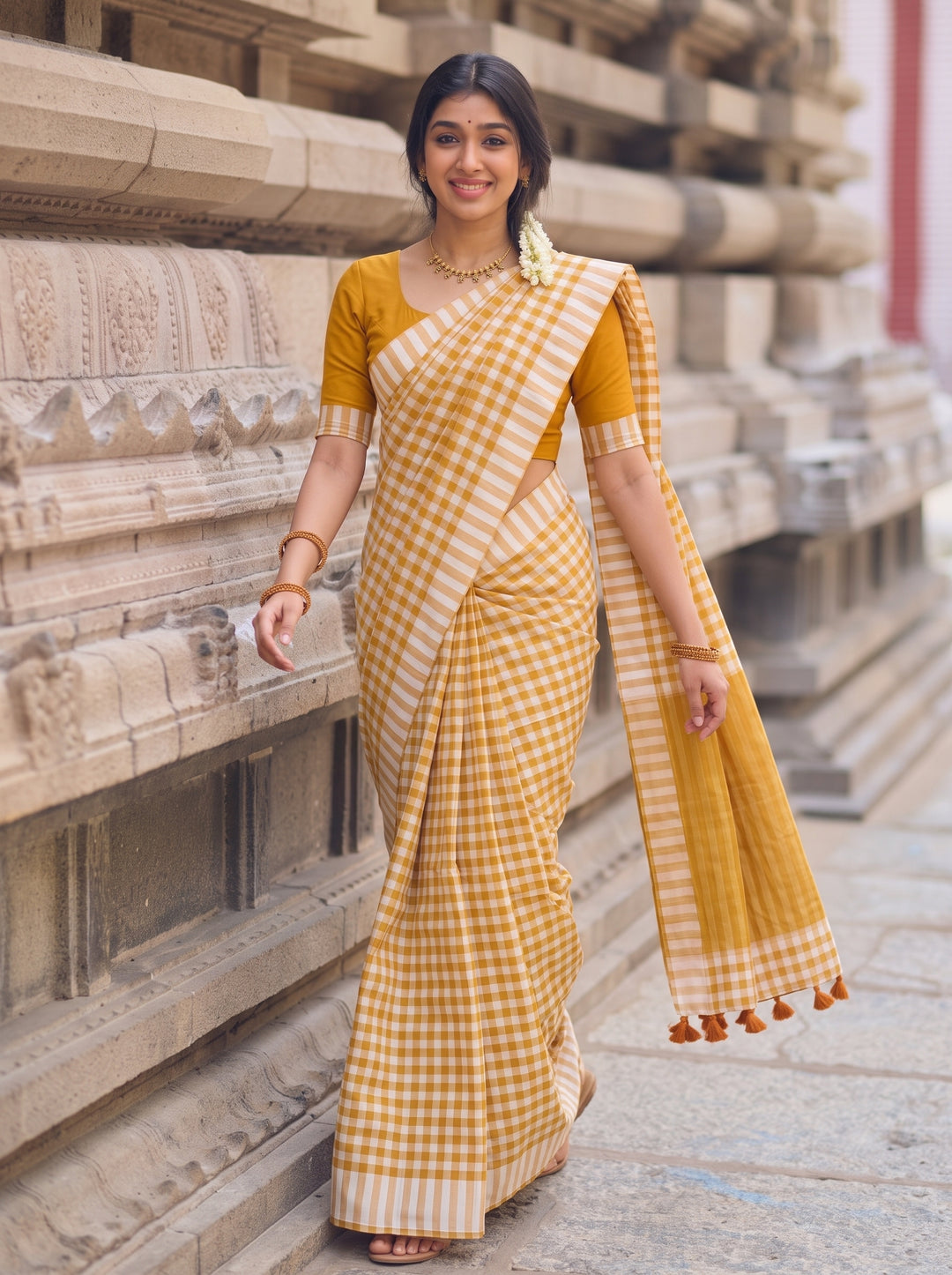 Mustard Yellow & White Checkered Mul Cotton Saree with Striped Border, Tassels & Blouse Piece