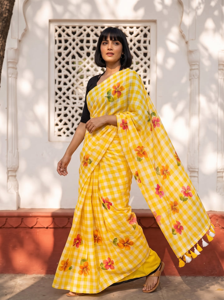 Yellow & White Checkered Mul Cotton Saree with Floral Motifs, Tassels & Blouse Piece