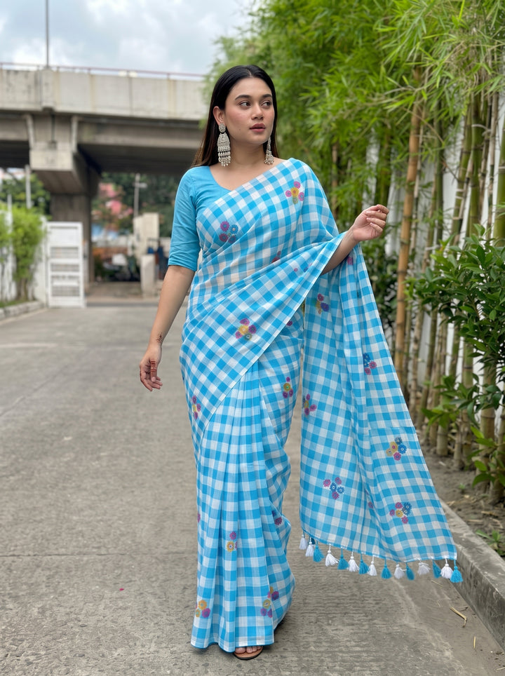 Sky Blue & White Checkered Mul Cotton Saree with Multicolour Floral Motifs, Tassels & Blouse Piece