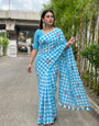 Sky Blue & White Checkered Mul Cotton Saree with Multicolour Floral Motifs, Tassels & Blouse Piece