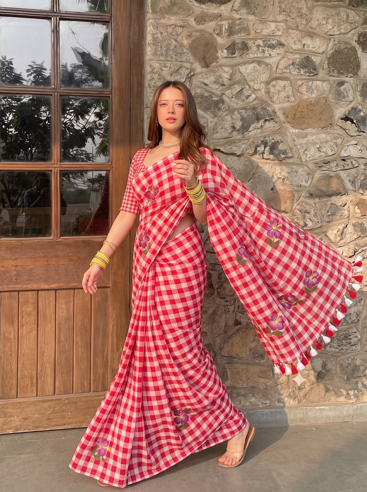 Red & White Checkered Mul Cotton Saree with Floral Motifs, Tassels & Blouse Piece
