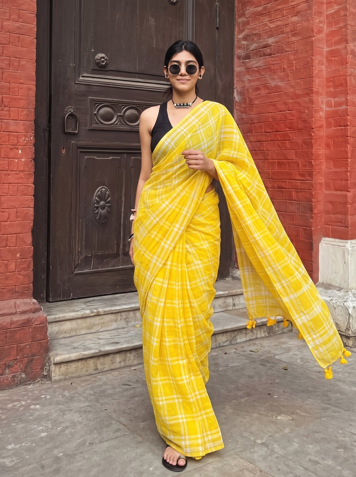 Sunshine Yellow & White Madras Checkered Mul Cotton Saree with Tassels & Attached Blouse Piece