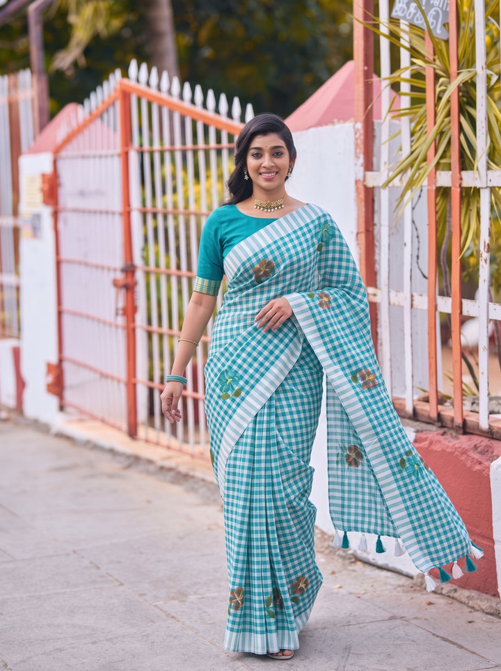Aqua Blue & White Checkered Mul Cotton Saree with Floral Motifs, Tassels & Blouse Piece