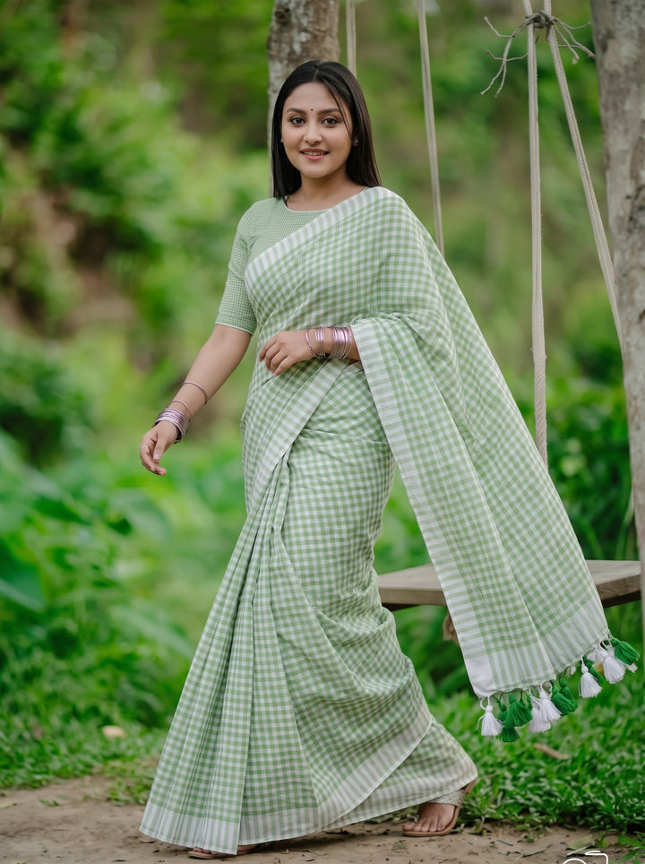 Lime Green & White Checkered Mul Cotton Saree with Tassels & Blouse Piece