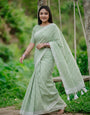 Lime Green & White Checkered Mul Cotton Saree with Tassels & Blouse Piece