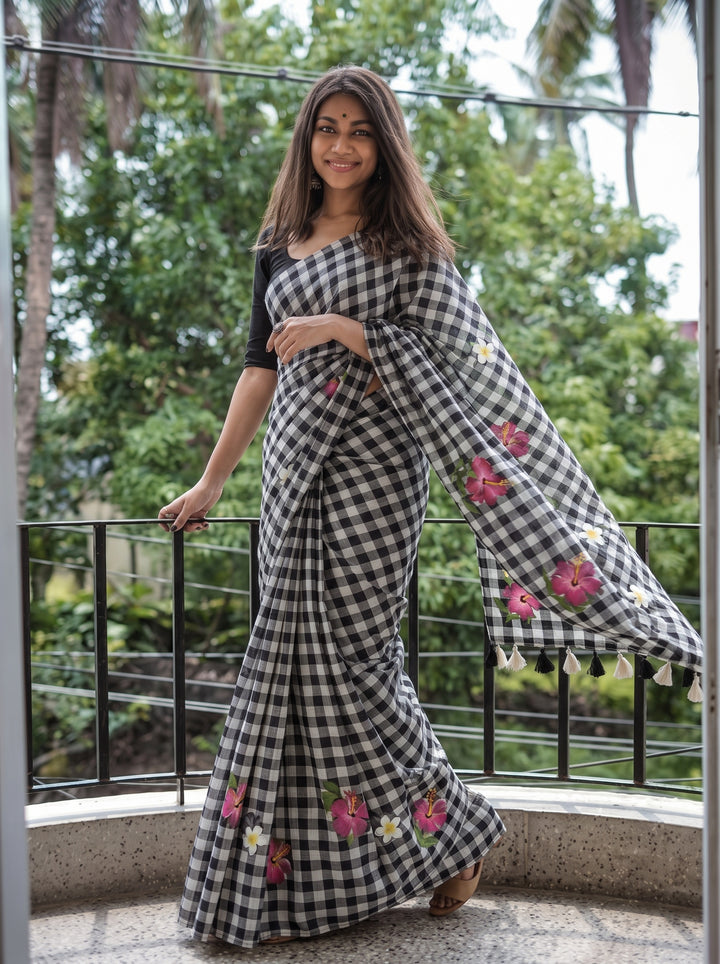Black & White Checkered Mul Cotton Saree with Floral Motifs, Tassels & Blouse Piece