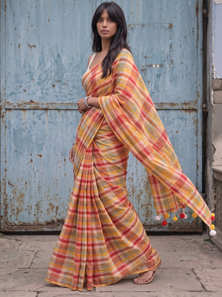 Multicolour Checkered Mul Cotton Saree with Colourful Tasselled Pallu, Comes With Attached Blouse Piece