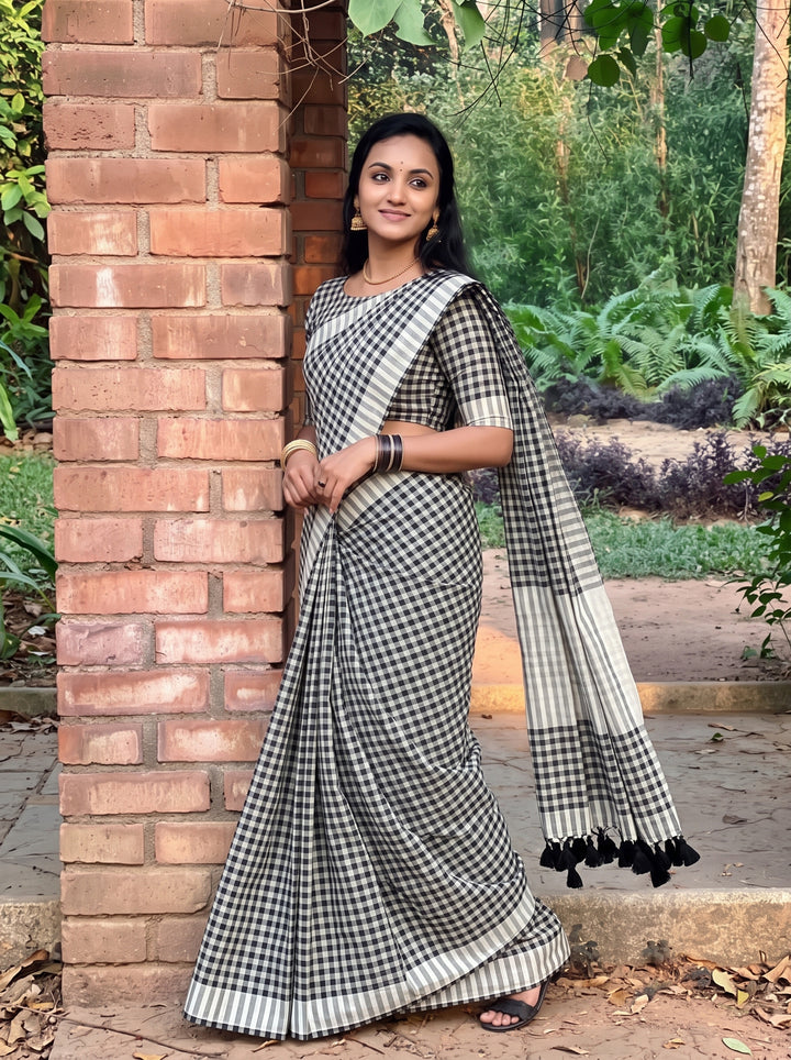 Black & White Checkered Mul Cotton Saree with Tassels & Blouse Piece