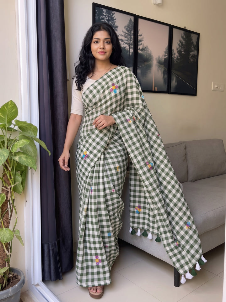 Olive Green & White Checkered Mul Cotton Saree with Multicolour Floral Motifs, Tassels & Blouse Piece