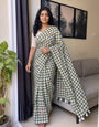 Olive Green & White Checkered Mul Cotton Saree with Multicolour Floral Motifs, Tassels & Blouse Piece