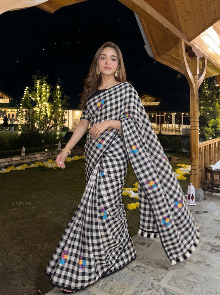 Black & White Checkered Mul Cotton Saree with Multicolour Floral Motifs, Tassels & Blouse Piece