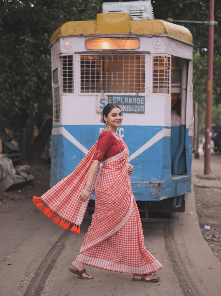 Orange & White Checkered Mul Cotton Saree with Striped Border & Blouse Piece