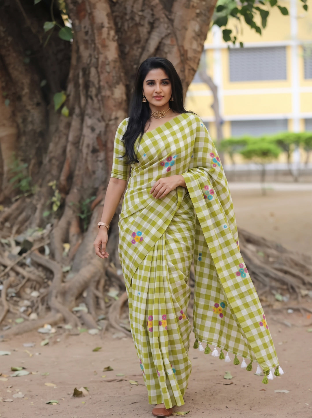 Lime Green & White Checkered Mul Cotton Saree with Multicolour Floral Motifs, Tassels & Blouse Piece