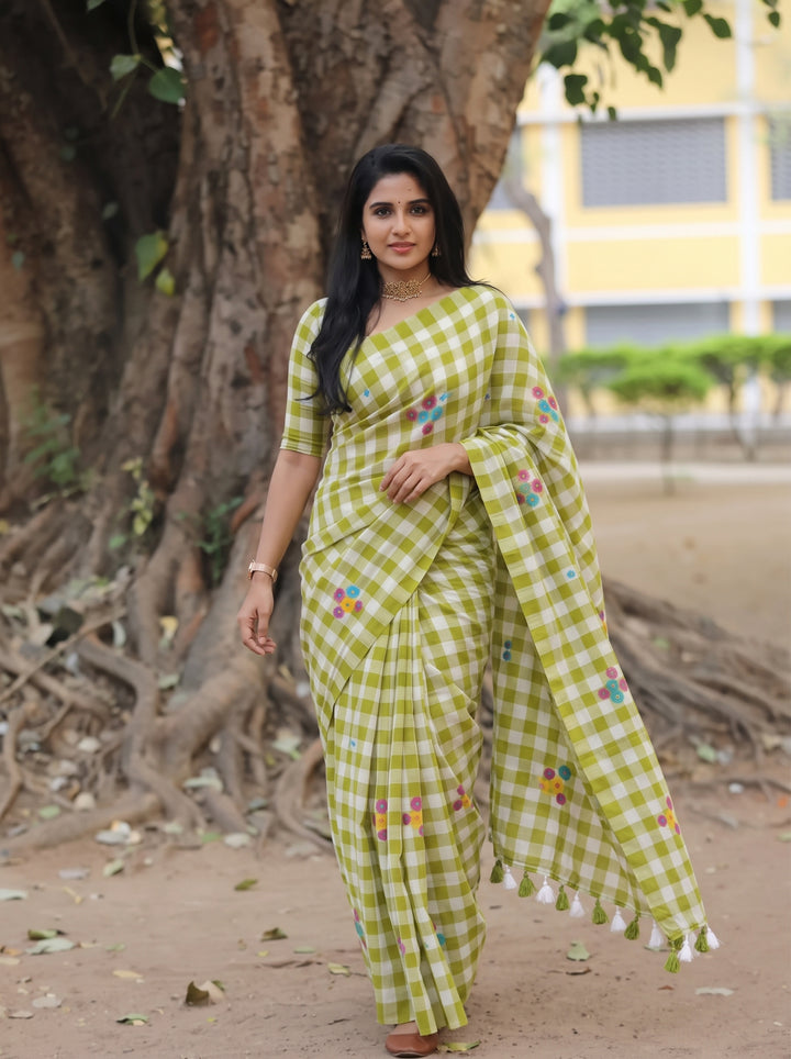 Lime Green & White Checkered Mul Cotton Saree with Multicolour Floral Motifs, Tassels & Blouse Piece