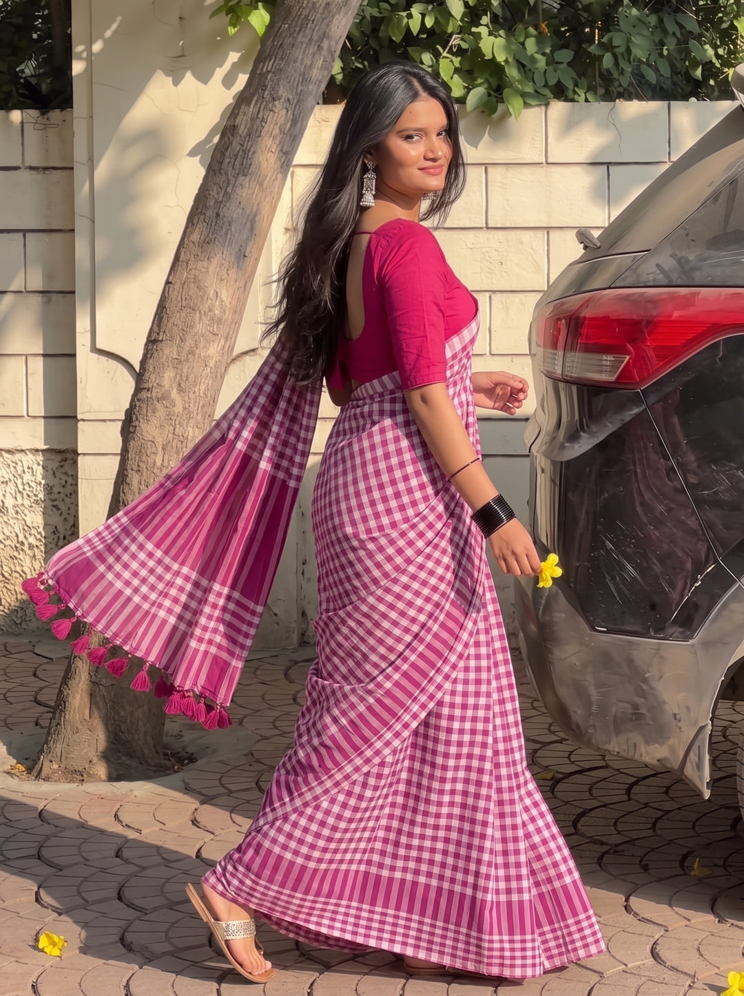 Magenta Pink & White Checkered Mul Cotton Saree with Blouse Piece