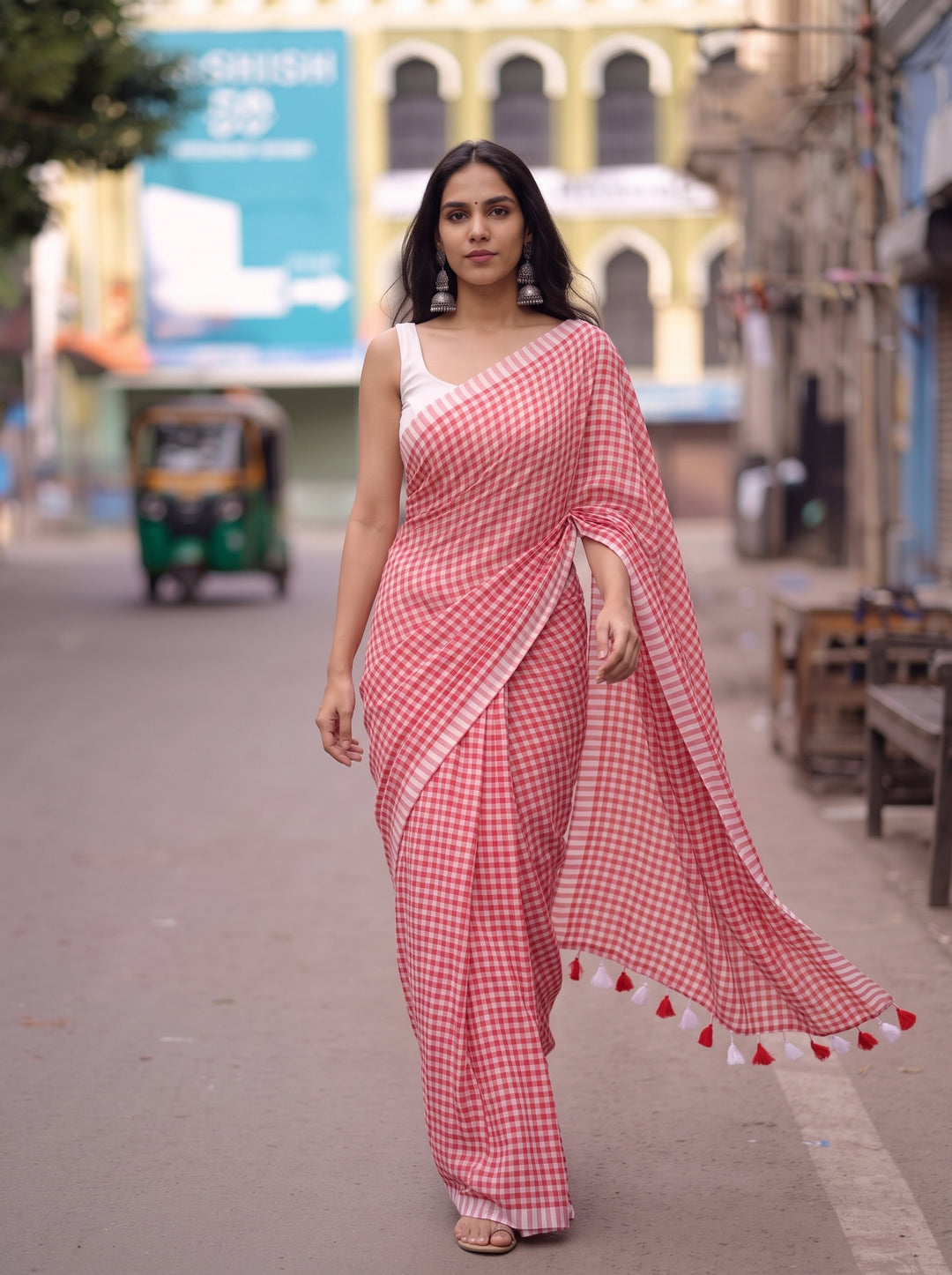 Red & White Checkered Mul Cotton Saree with Tassels & Blouse Piece