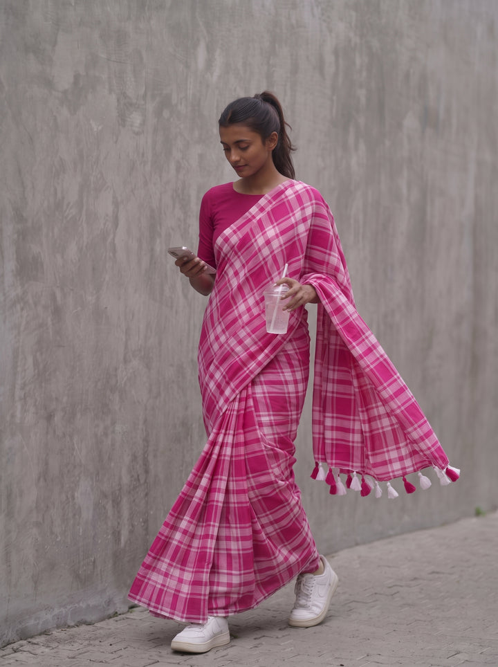 Rani Pink & White Madras Checkered Mul Cotton Saree with Tassels & Blouse Piece