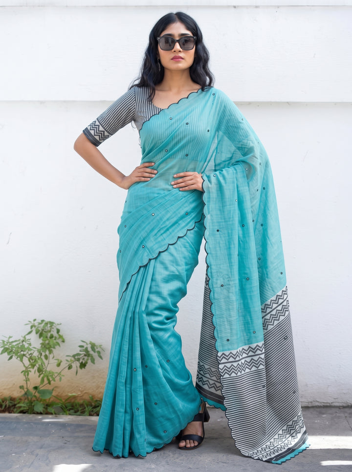 Aqua Blue Mul Cotton Saree with Aari Foil Mirror Work, Embroidered Arco Border & Contrast Printed Pallu with Blouse Piece
