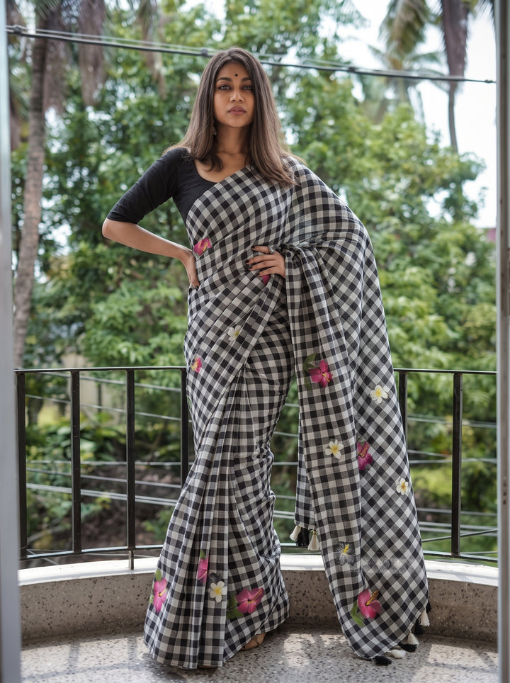 Black & White Checkered Mul Cotton Saree with Floral Motifs, Tassels & Blouse Piece
