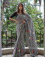 Black & White Checkered Mul Cotton Saree with Floral Motifs, Tassels & Blouse Piece