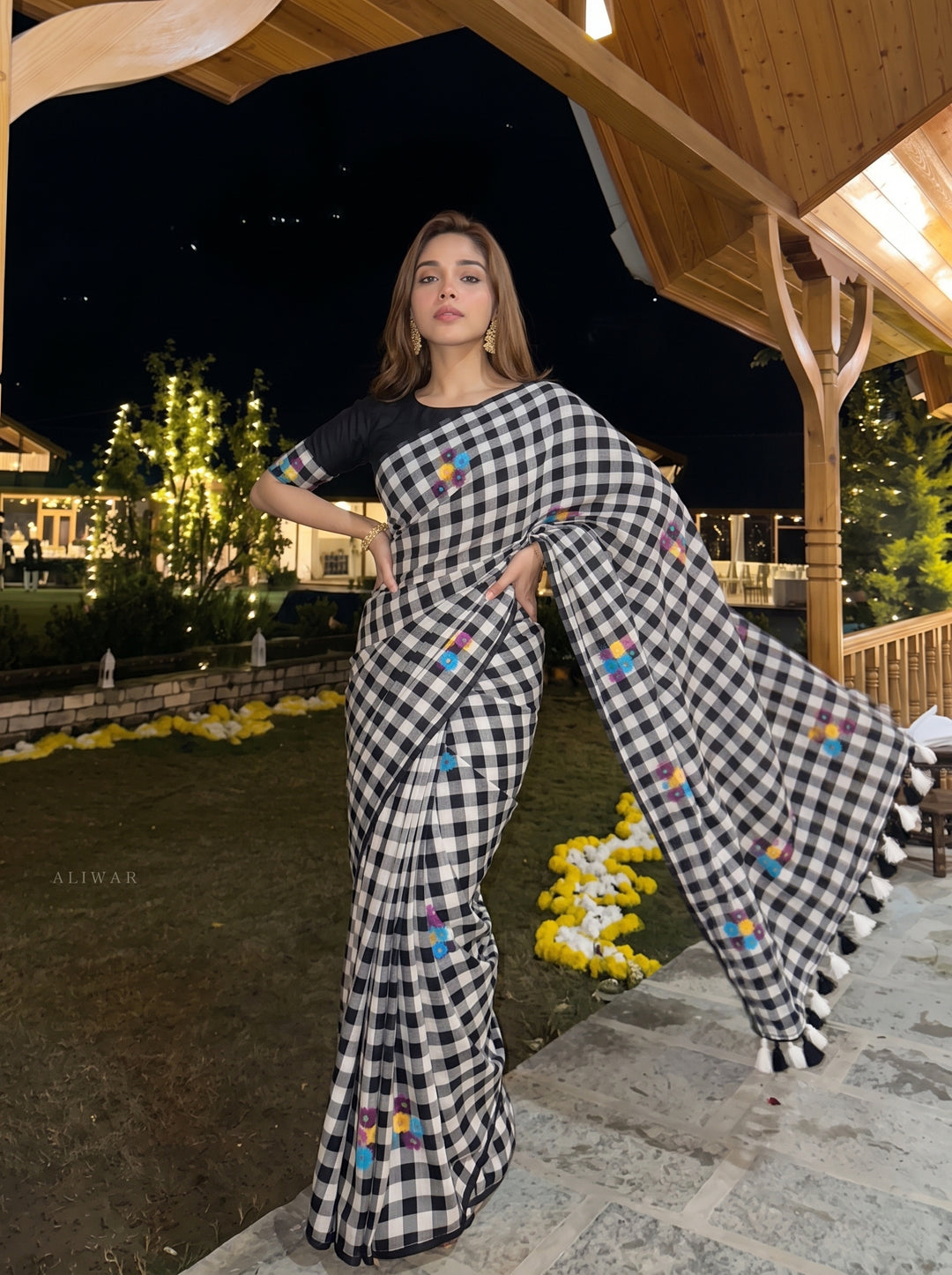 Black & White Checkered Mul Cotton Saree with Multicolour Floral Motifs, Tassels & Blouse Piece