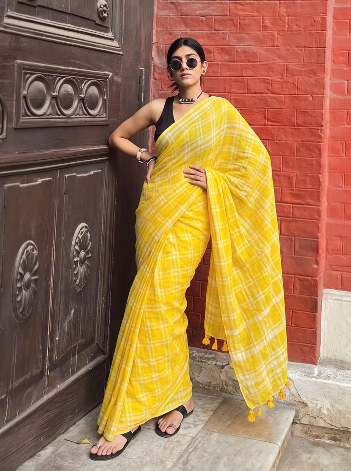 Sunshine Yellow & White Madras Checkered Mul Cotton Saree with Tassels & Attached Blouse Piece