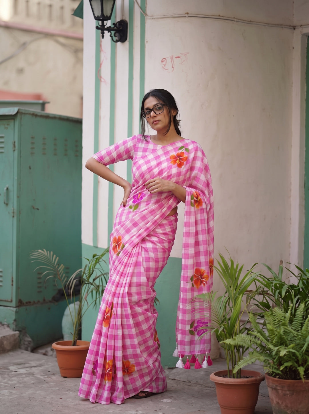 Blush Pink & White Checkered Mul Cotton Saree with Floral Motifs, Tassels & Blouse Piece